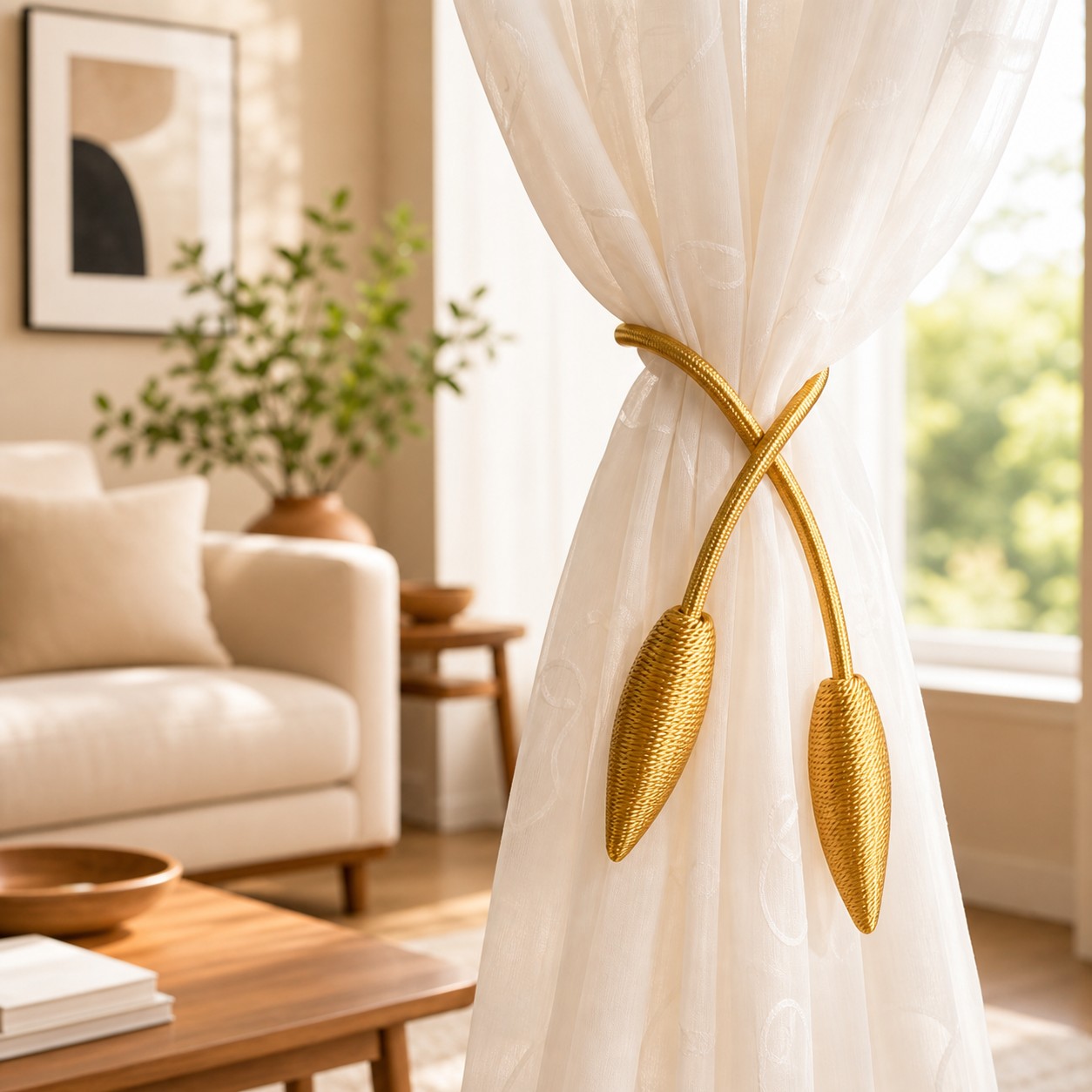 Gold leaf-shaped curtain tiebacks on white curtains in a bright living room